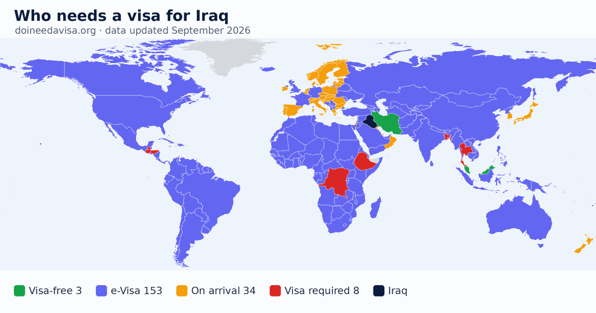 World map: which passports can enter Iraq visa-free, with an ETA, e-Visa, visa on arrival or with a visa