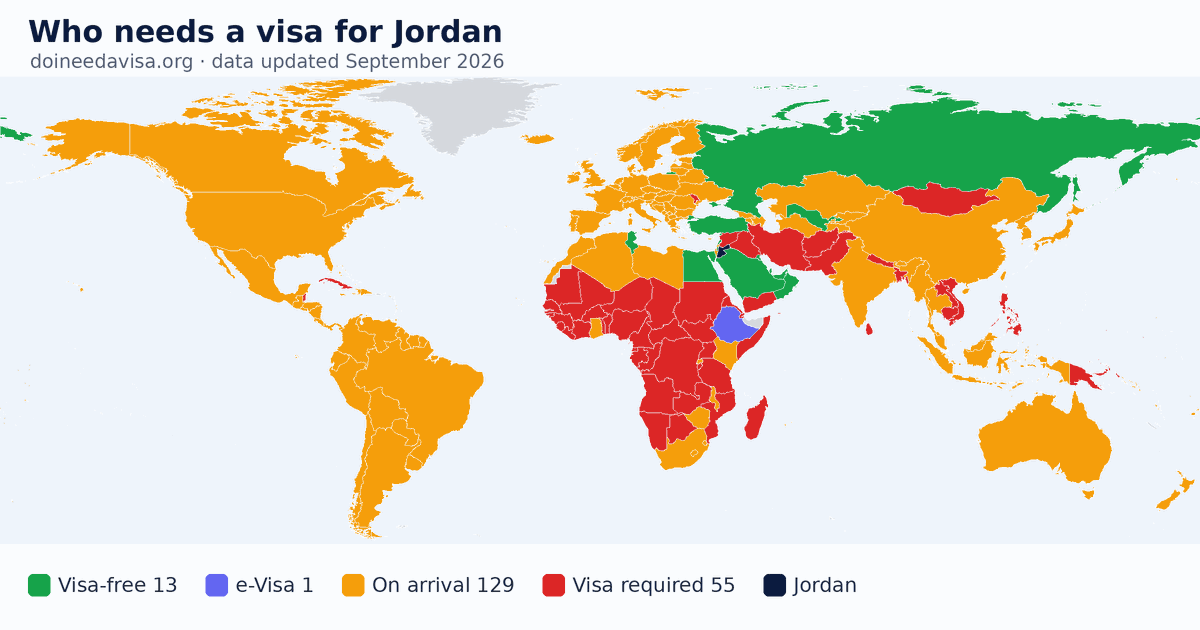 World map: which passports can enter Jordan visa-free, with an ETA, e-Visa, visa on arrival or with a visa
