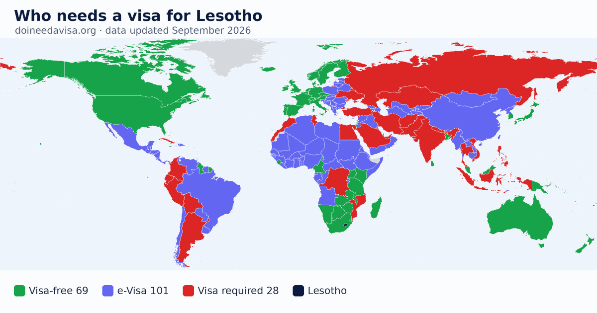 World map: which passports can enter Lesotho visa-free, with an ETA, e-Visa, visa on arrival or with a visa