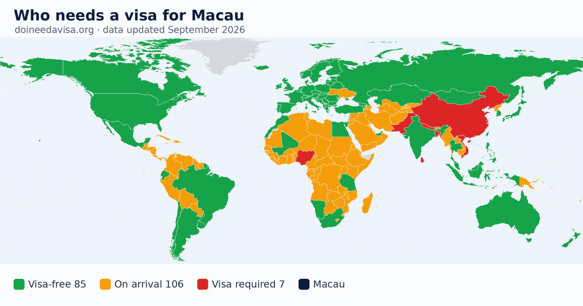 World map: which passports can enter Macau visa-free, with an ETA, e-Visa, visa on arrival or with a visa