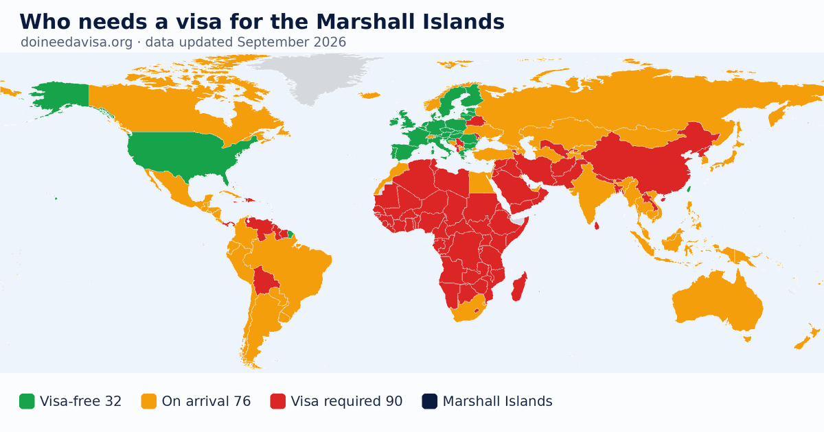 World map: which passports can enter the Marshall Islands visa-free, with an ETA, e-Visa, visa on arrival or with a visa