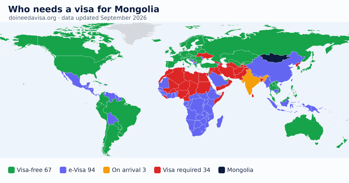 World map: which passports can enter Mongolia visa-free, with an ETA, e-Visa, visa on arrival or with a visa