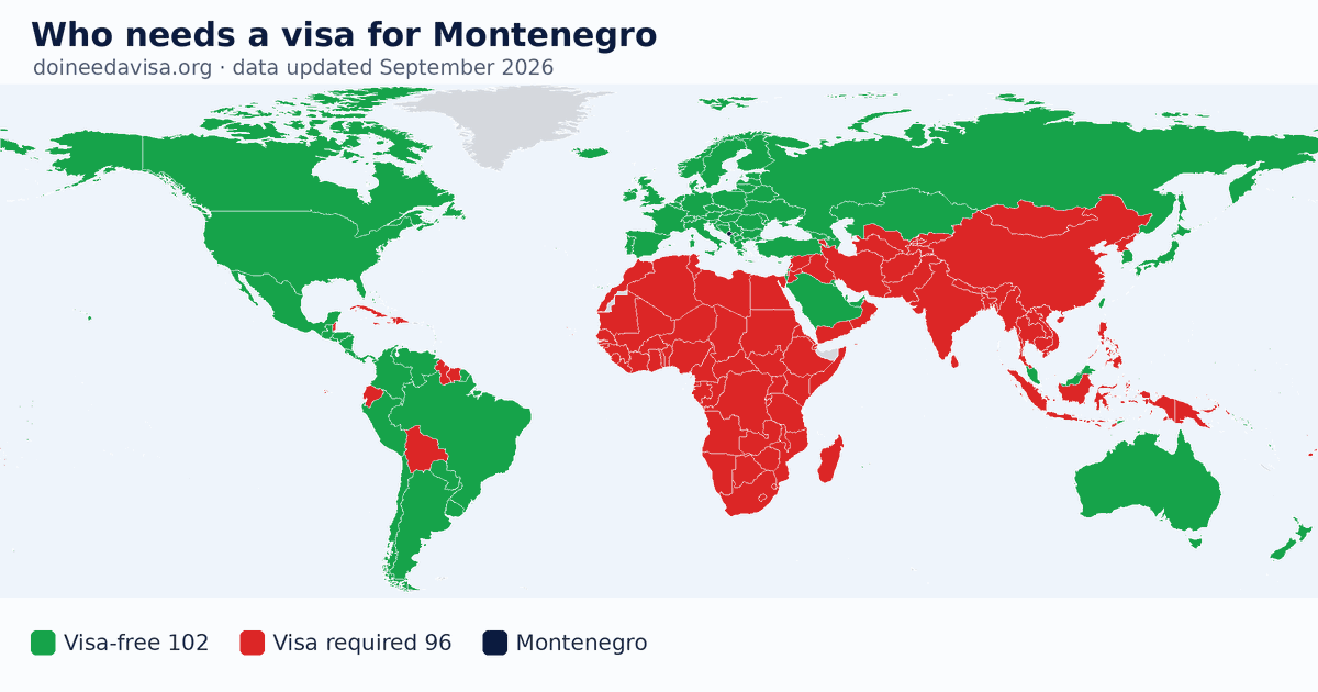 World map: which passports can enter Montenegro visa-free, with an ETA, e-Visa, visa on arrival or with a visa