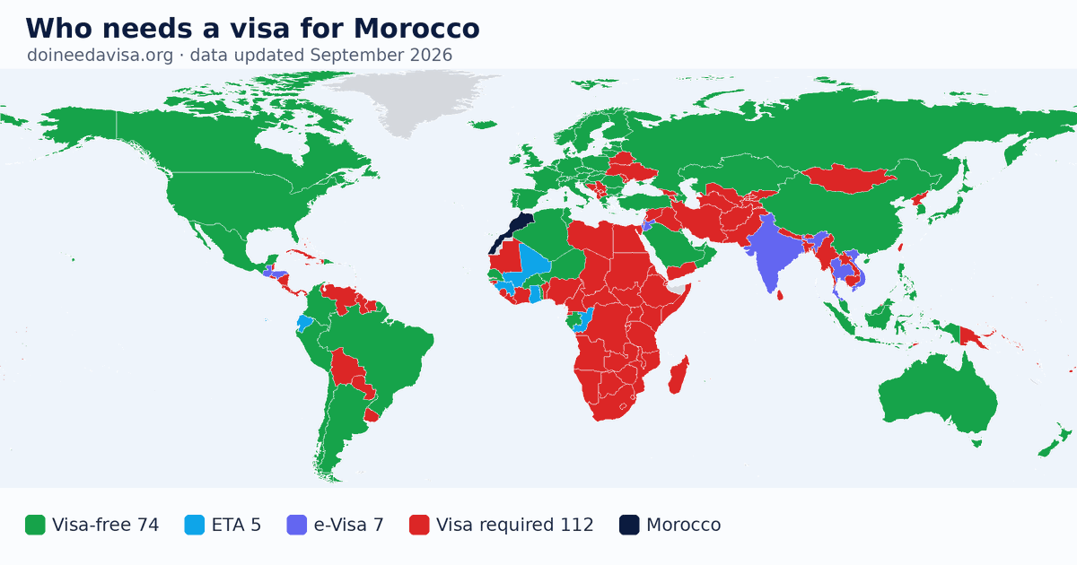 World map: which passports can enter Morocco visa-free, with an ETA, e-Visa, visa on arrival or with a visa