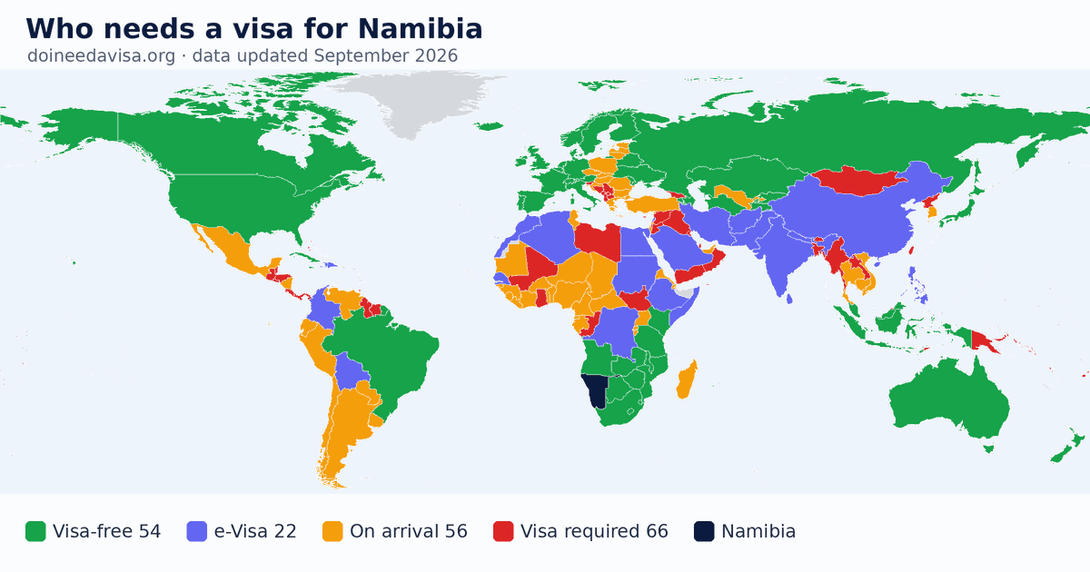World map: which passports can enter Namibia visa-free, with an ETA, e-Visa, visa on arrival or with a visa