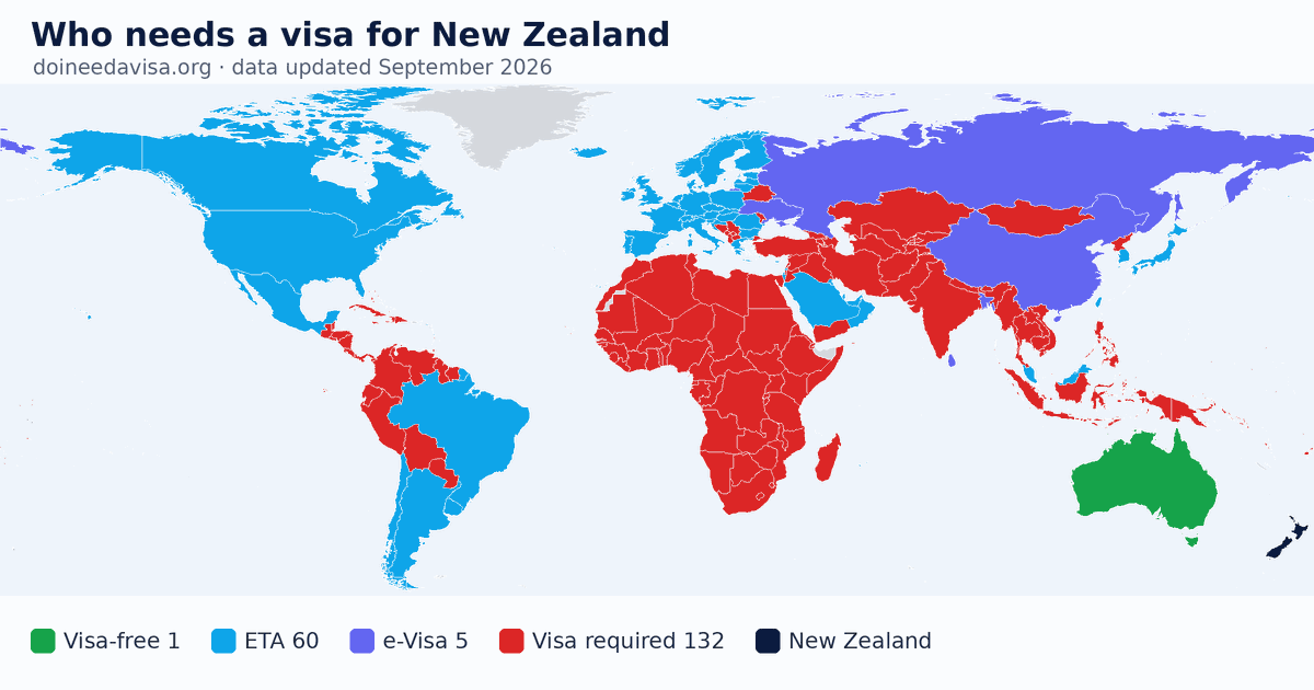 World map: which passports can enter New Zealand visa-free, with an ETA, e-Visa, visa on arrival or with a visa