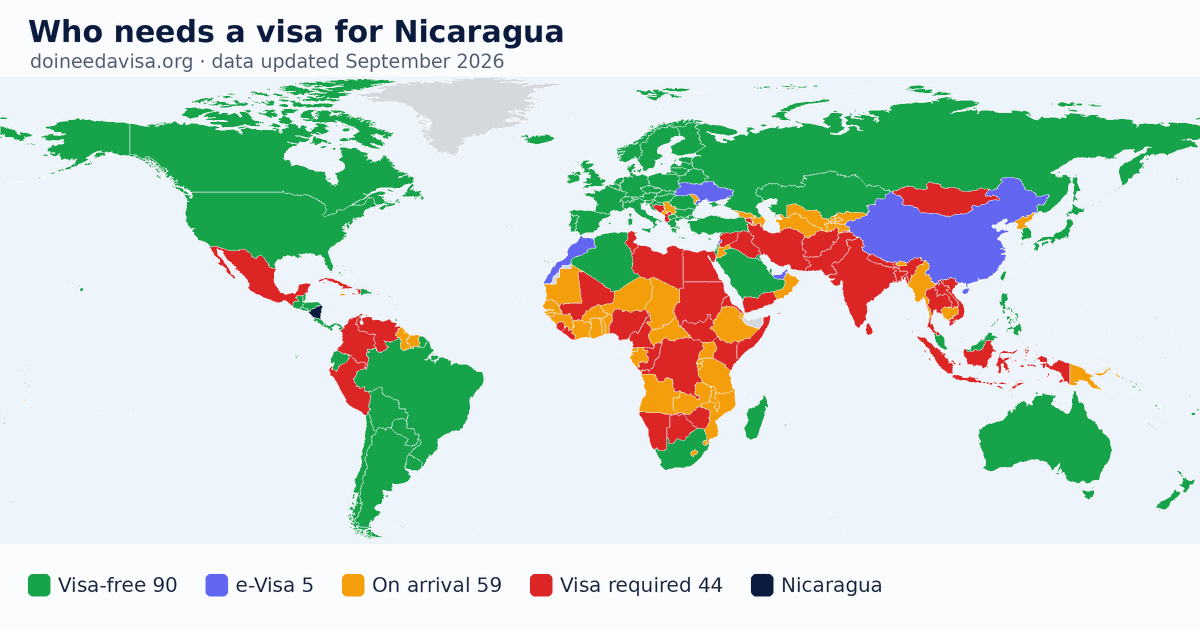 World map: which passports can enter Nicaragua visa-free, with an ETA, e-Visa, visa on arrival or with a visa
