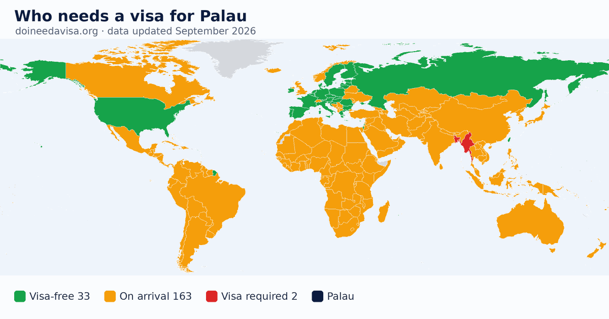World map: which passports can enter Palau visa-free, with an ETA, e-Visa, visa on arrival or with a visa