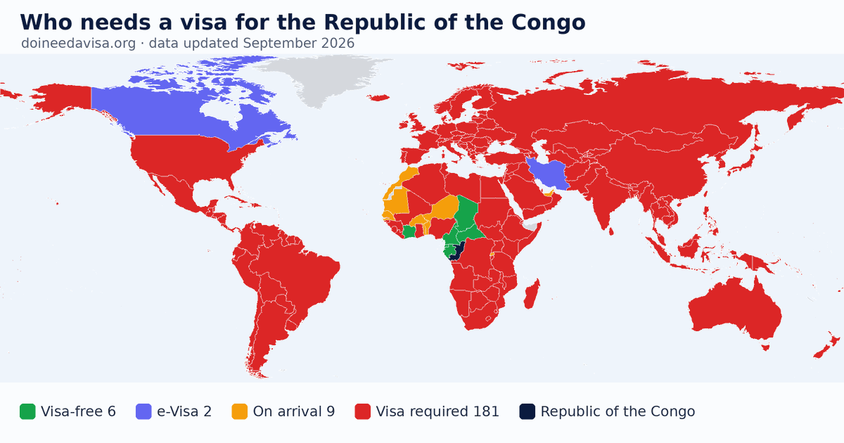 World map: which passports can enter the Republic of the Congo visa-free, with an ETA, e-Visa, visa on arrival or with a visa