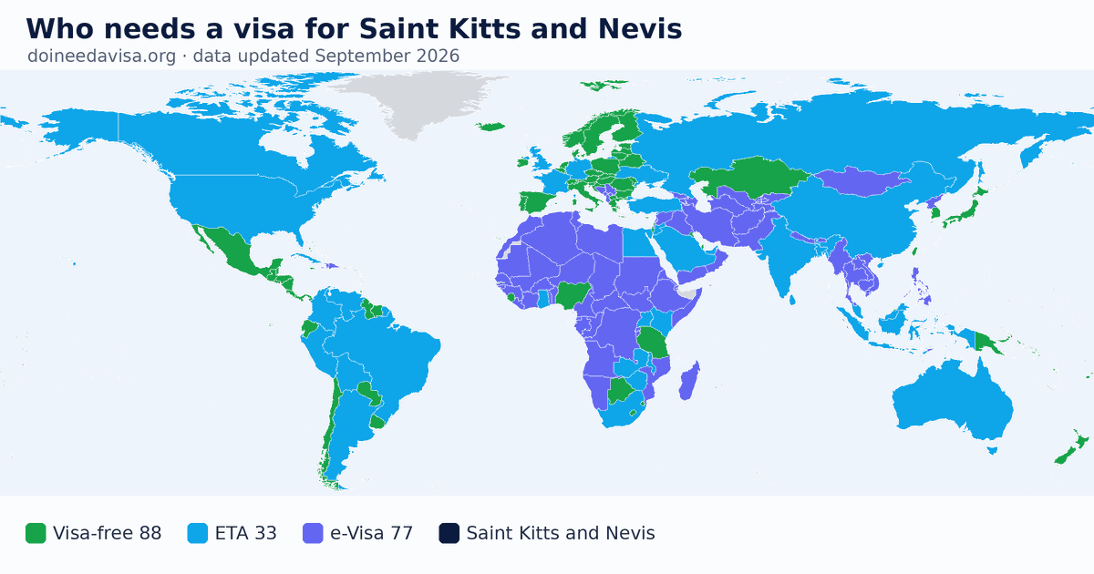 World map: which passports can enter Saint Kitts and Nevis visa-free, with an ETA, e-Visa, visa on arrival or with a visa