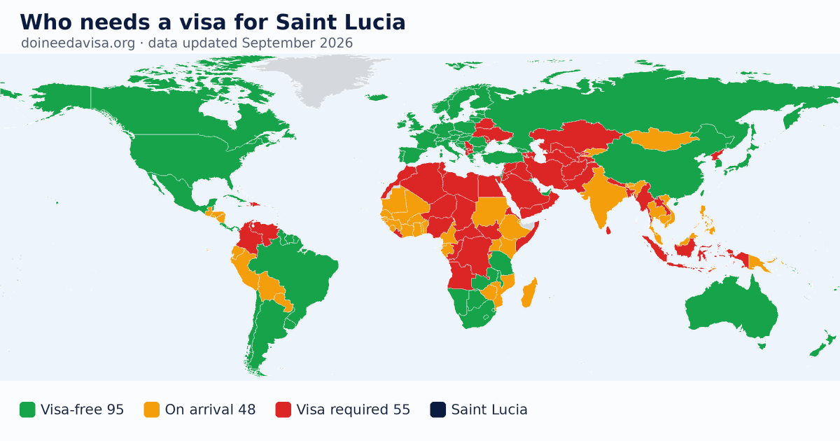 World map: which passports can enter Saint Lucia visa-free, with an ETA, e-Visa, visa on arrival or with a visa