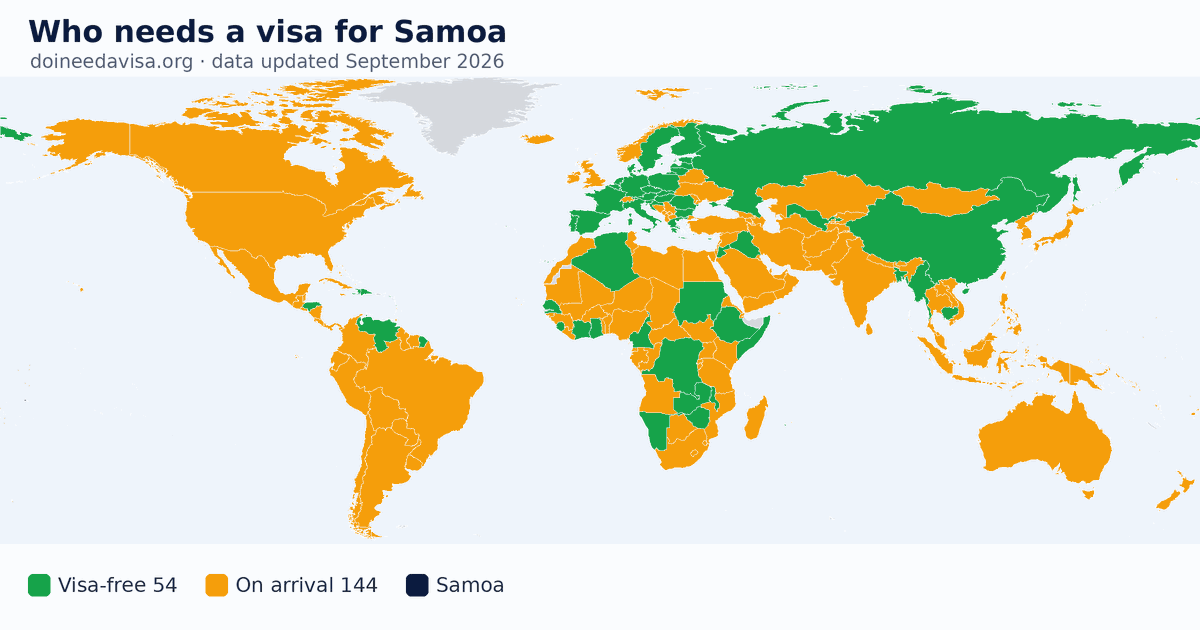 World map: which passports can enter Samoa visa-free, with an ETA, e-Visa, visa on arrival or with a visa