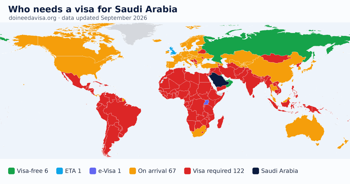 World map: which passports can enter Saudi Arabia visa-free, with an ETA, e-Visa, visa on arrival or with a visa