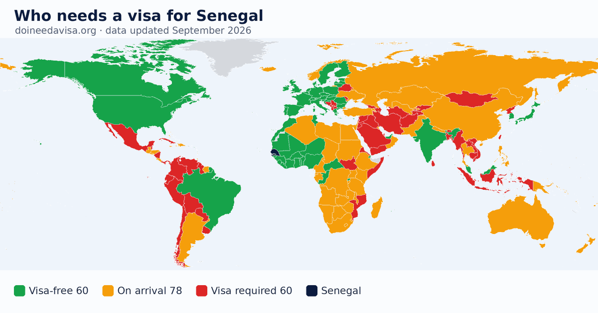 World map: which passports can enter Senegal visa-free, with an ETA, e-Visa, visa on arrival or with a visa