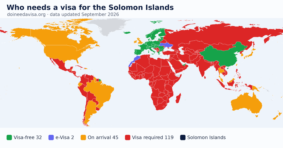 World map: which passports can enter the Solomon Islands visa-free, with an ETA, e-Visa, visa on arrival or with a visa