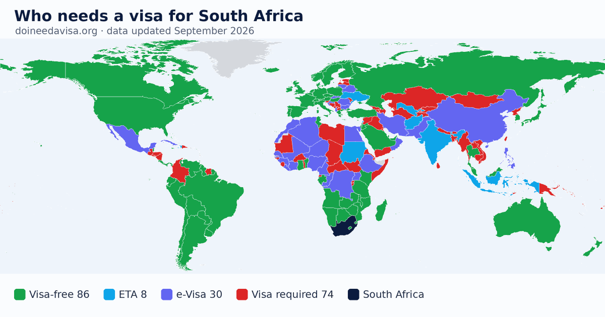World map: which passports can enter South Africa visa-free, with an ETA, e-Visa, visa on arrival or with a visa