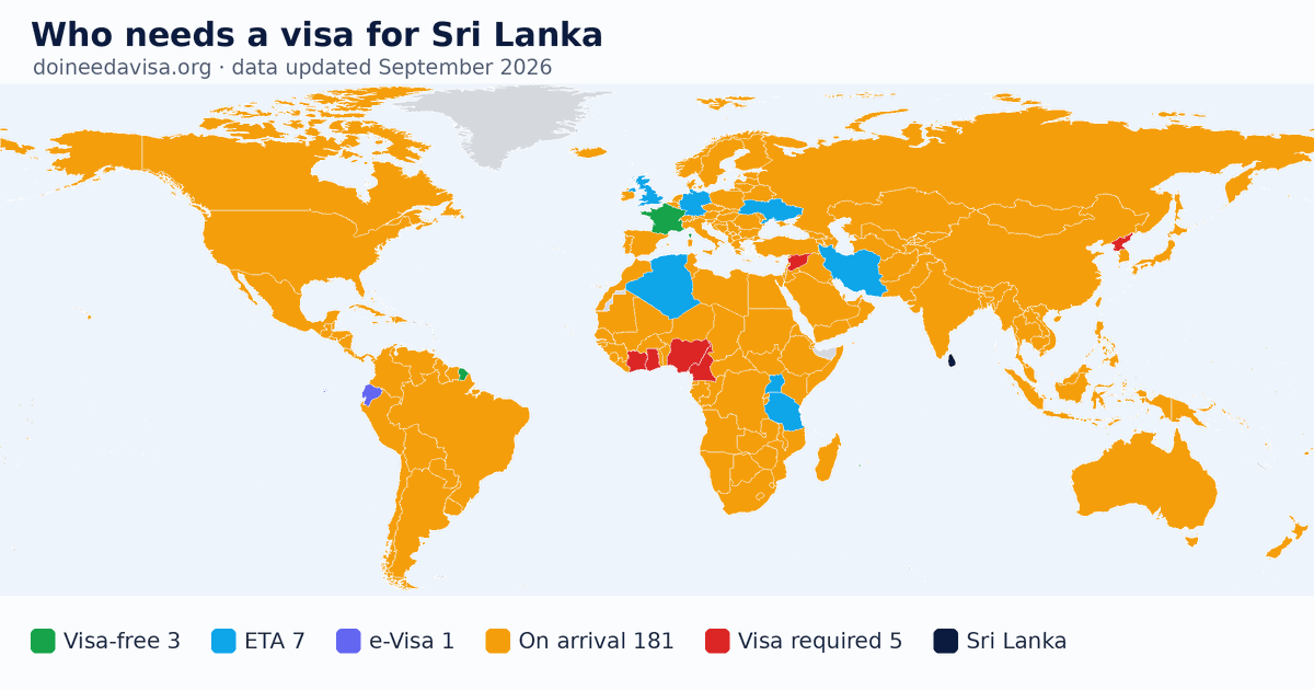 World map: which passports can enter Sri Lanka visa-free, with an ETA, e-Visa, visa on arrival or with a visa