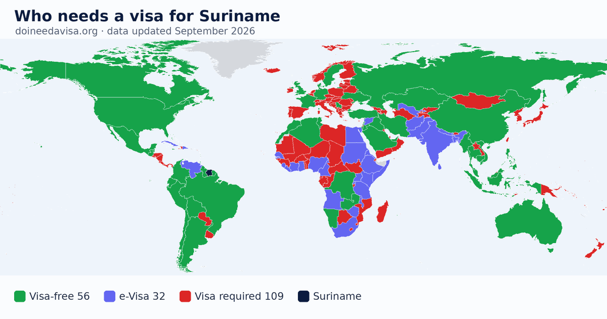 World map: which passports can enter Suriname visa-free, with an ETA, e-Visa, visa on arrival or with a visa