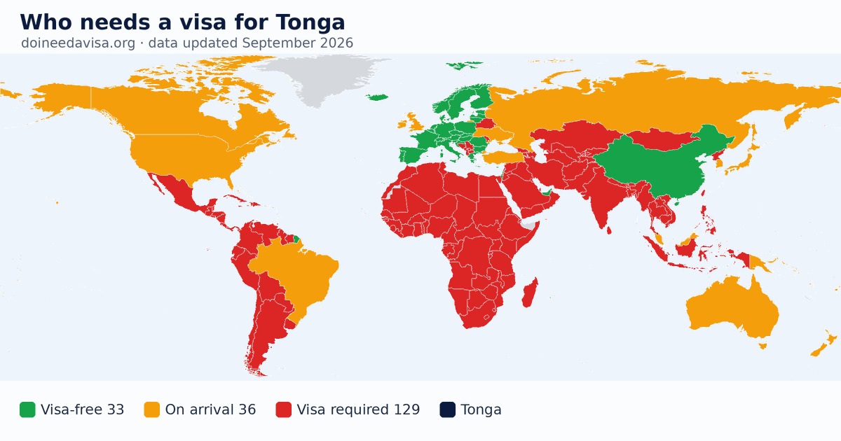 World map: which passports can enter Tonga visa-free, with an ETA, e-Visa, visa on arrival or with a visa