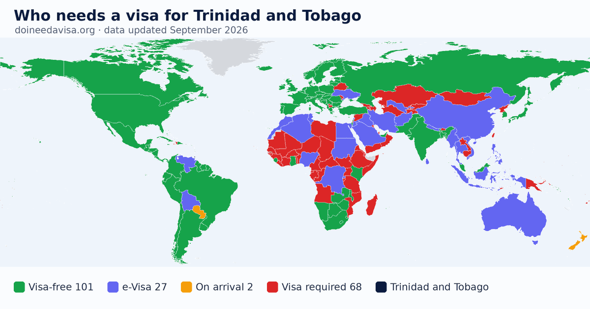 World map: which passports can enter Trinidad and Tobago visa-free, with an ETA, e-Visa, visa on arrival or with a visa