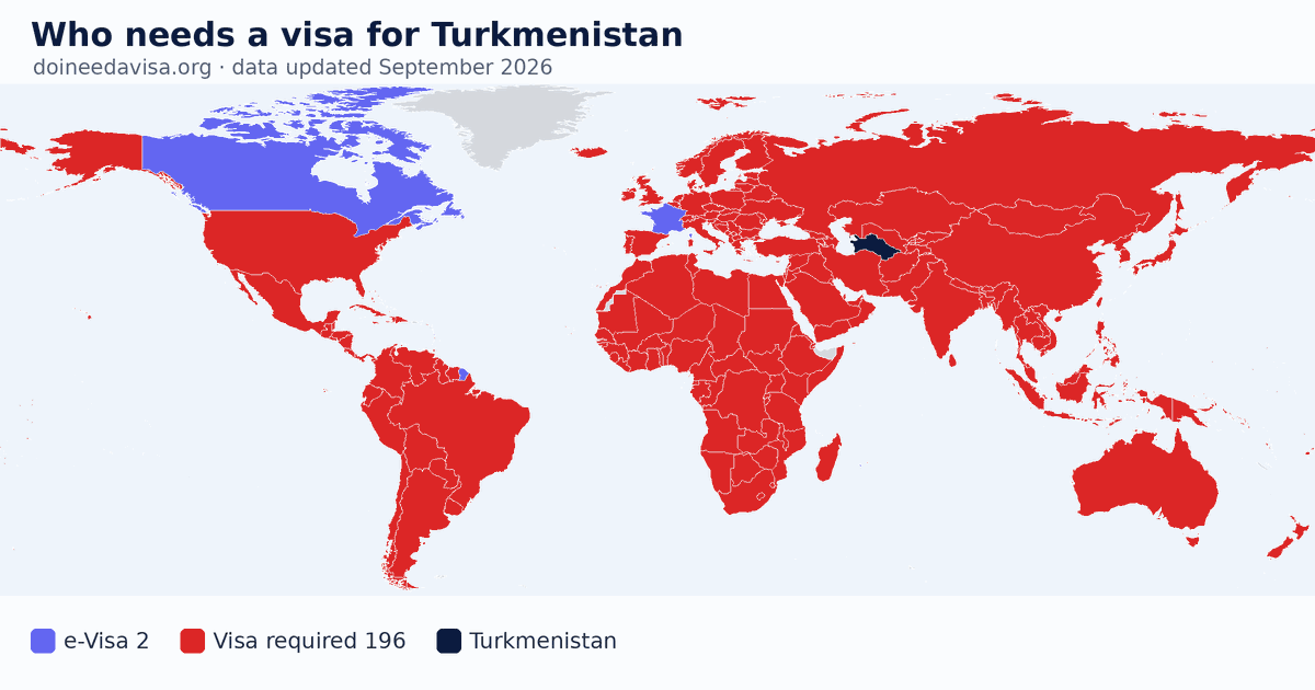World map: which passports can enter Turkmenistan visa-free, with an ETA, e-Visa, visa on arrival or with a visa