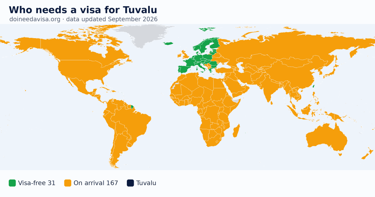 World map: which passports can enter Tuvalu visa-free, with an ETA, e-Visa, visa on arrival or with a visa