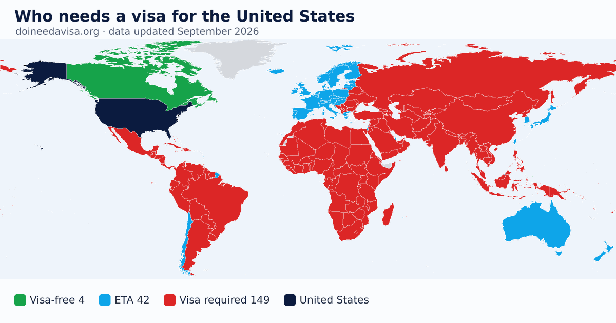 World map: which passports can enter the United States visa-free, with an ETA, e-Visa, visa on arrival or with a visa