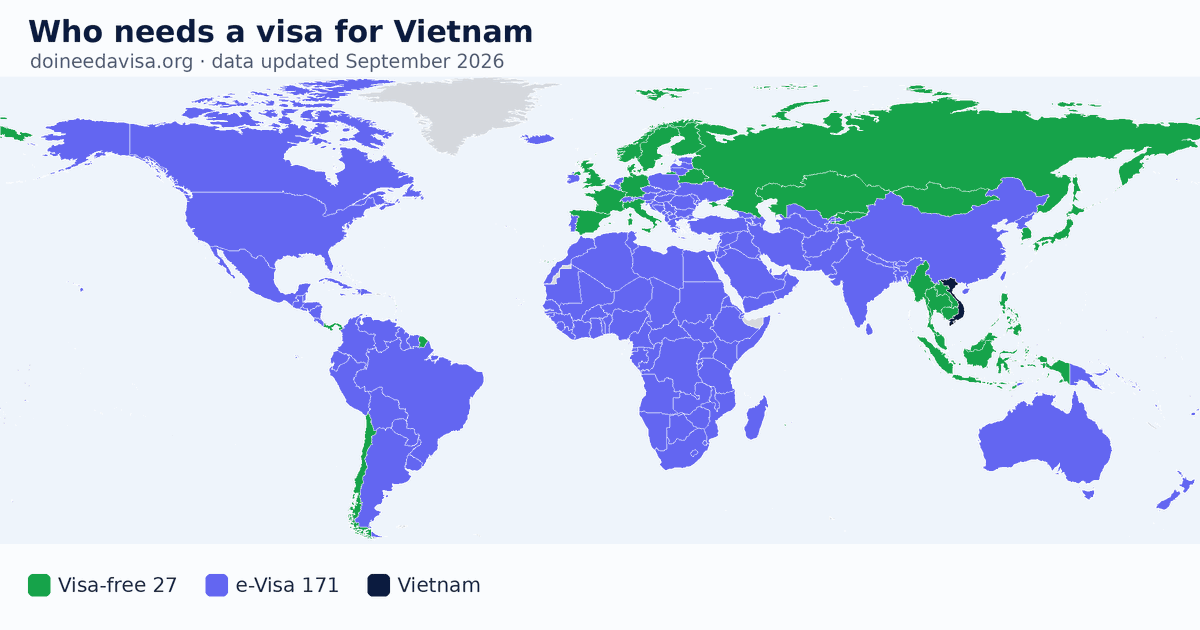 World map: which passports can enter Vietnam visa-free, with an ETA, e-Visa, visa on arrival or with a visa