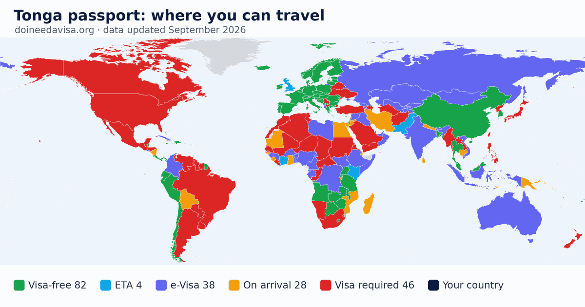 World map of entry requirements for Tonga passport holders: visa-free, ETA, e-Visa, visa on arrival and visa required