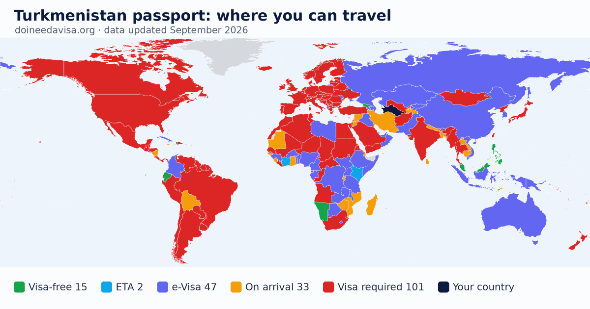 World map of entry requirements for Turkmenistan passport holders: visa-free, ETA, e-Visa, visa on arrival and visa required