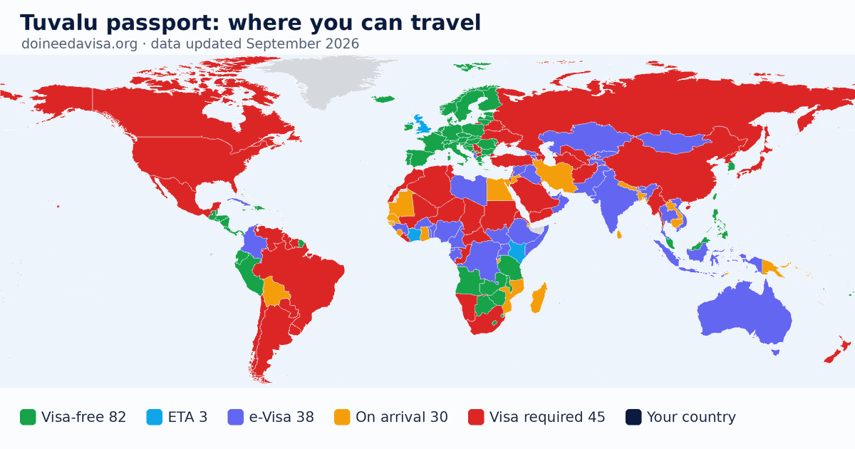World map of entry requirements for Tuvalu passport holders: visa-free, ETA, e-Visa, visa on arrival and visa required