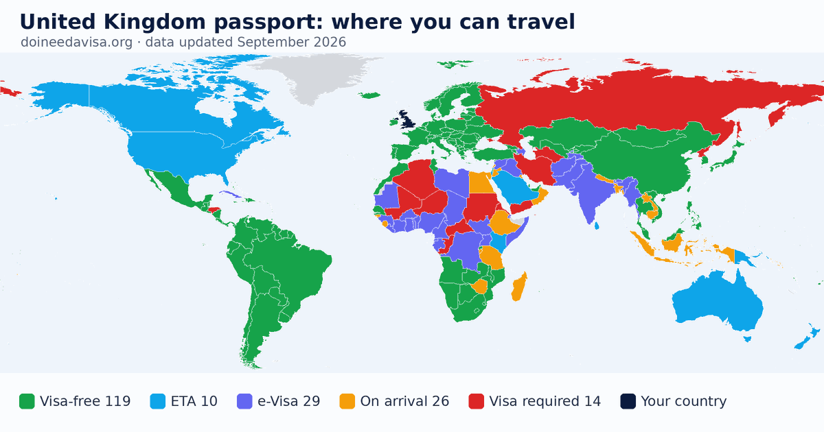 World map of entry requirements for United Kingdom passport holders: visa-free, ETA, e-Visa, visa on arrival and visa required