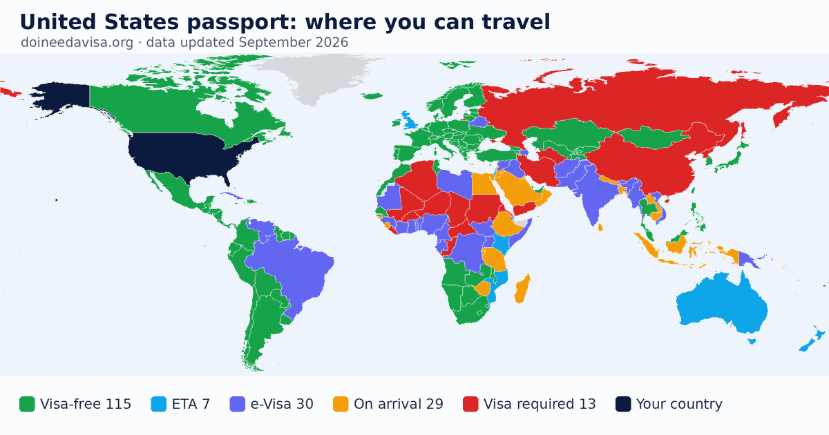 World map of entry requirements for United States passport holders: visa-free, ETA, e-Visa, visa on arrival and visa required